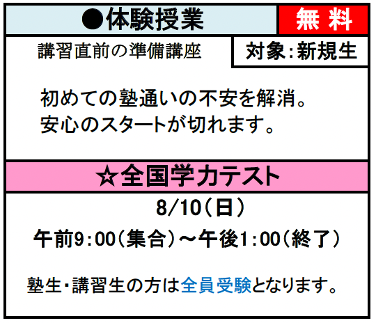 数研ゼミ　夏期講習　体験授業　学力テスト